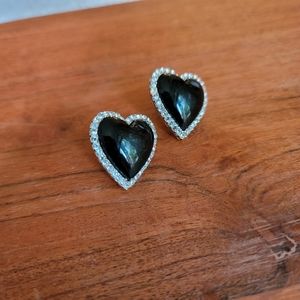 Y2K Black and silver plastic enamel pave crystal rhinestone outline heart